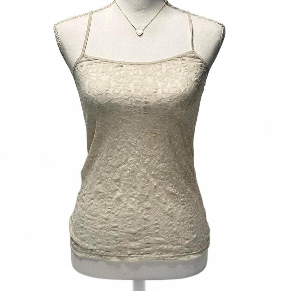 Cream lace sheer fitted cami top with floral embroidery size small Y2K